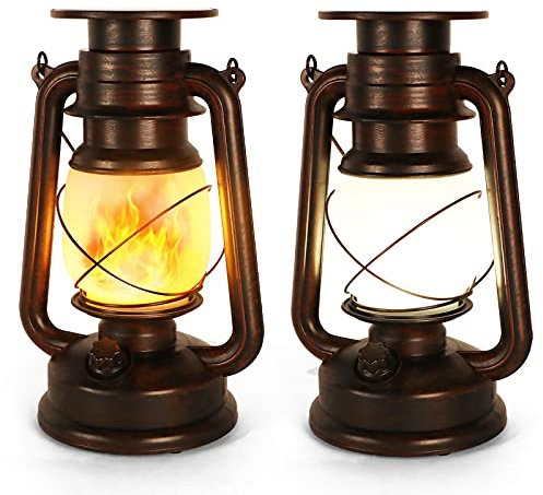 Solar Lantern Vintage LED Storm Lantern Dancing Flickering Flame Two Modes Solar Powered Lights Waterproof Hanging Outdoor Garden or Room Ornaments Auto On Off for Camping Yard Patio Porch 2 Pack
