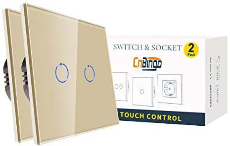 CNBINGO Smart Touch Light Switch, Works with Alexa and Google Assistant, Wi-Fi Switch, Flush-Mounted, with Glass Panel, Double Wall Switch in Gold, Neutral Conductor Required, Pack of 2