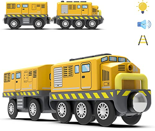 TOPLIVING Batteriebetriebenes Zugset für Holzeisenbahnschienen, leistungsstarker Lokomotivzug (magnetische Verbindung) mit Frontscheinwerfern und Sound für Empfohlen ab 3 Jahren, Gelb