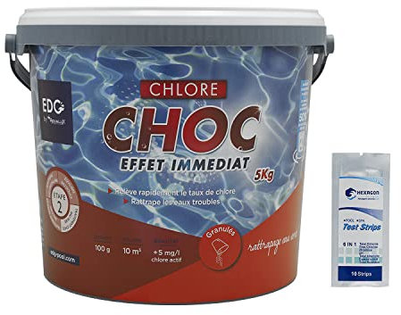 EDG by AQUALUX Chlore Choc Granulés - 5kg | Chlore Choc Stabilisé - Désinfection Choc - Dissolution Rapide + 10 Tests HPS OFFERTS 6 en 1