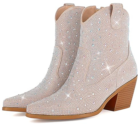 FIFSY Women Rhinestone Cowboy Boots Glitter Chunky Heel Sparkly Cowgirl Ankle Boots, Beige Style2, 6 UK