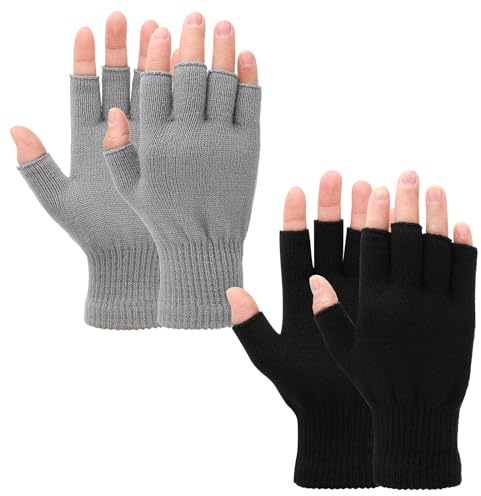 Grevosea 2 Pair Fingerless Warm Gloves - Winter Half Finger Gloves Thickened Knit Touchscreen Stretchy Mittens for Men Women