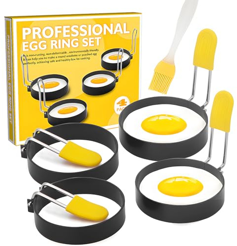 4Pack Egg Rings for Frying, Stainless Steel Egg Rings for Frying Round Egg Mould Fried Egg Ring with Oil Brush, Egg Circles Egg Shaper for Frying Pan, Pancakes, McMuffin, Omelettes Mini Burger