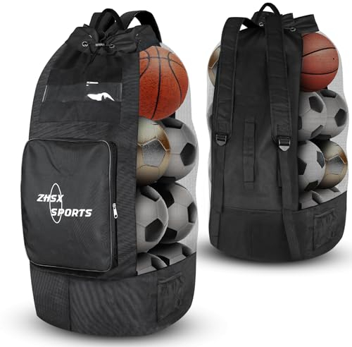 ZHSX Soccer Ball Bag,Large Mesh Ball Bag Sports Equipment Net Bag With Drawstring Closure Shoulder Strap and Oversized Front Pocket Storage Basketball,Volleyball,Football Accessories (full black)