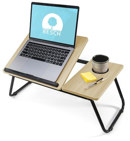 BESCH Bandeja Madera para Cama Plegable Abatible con Portavasos 55x32x25cm, Mesa Plegable Desayuno Multiuso Ideal para Ordenador Portátil, Trabajo y Leer (Roble)