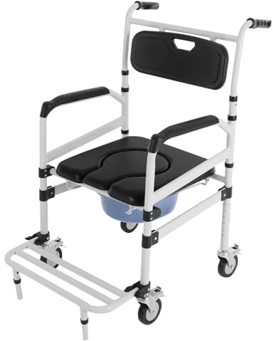 Duschstol, toalettstol med hjul och säkerhetsbälte, lastkapacitet 100 kg, armstöd och sitthöjd justerbar, för patienter, seniorer, funktionshindrade