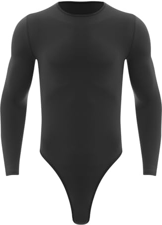 winying Men's Sexy Press Botton Crotch Long Sleeve Bodysuit Jumpsuit Thong Leotard Sports Underwear Black L