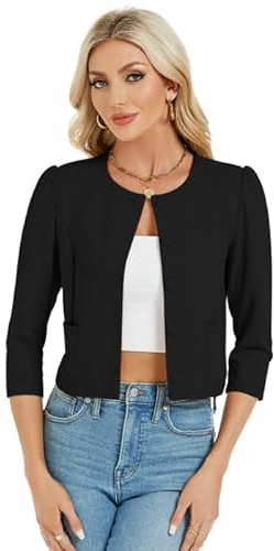 MODIURBAN Blazer Boléro court élégant pour femme Cardigan à manches longues Cardigan avec boutons et poches (emballage réutilisable), Noir , XL
