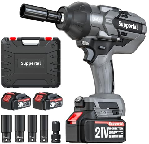 Suppertal Avvitatore a Impulsi Senza Filo, 1000 Nm di Coppia Massima, Chiave a Percussione 1/2 ad Alta Potenza con 2 Batterie da 4,0 Ah e Caricabatterie, Adatto per Auto Familiare/Pickup/Tosaerba