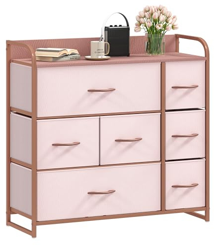 DWVO Kommode mit 7 Schubladen, langlebiger Stoff, Robustes Metallgestell, modern und funktional, ideal für Schlafzimmer, Wohnzimmer, Flur, Kinderzimmer, Rosa