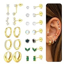 FIOROYAL 12 par örhängen dam rostfritt stål, 14K guld kirurgiskt stål allergivänliga örhängen rostfritt stål brosk örhängen lob helix brosk piercing, 20G, Rostfritt stål
