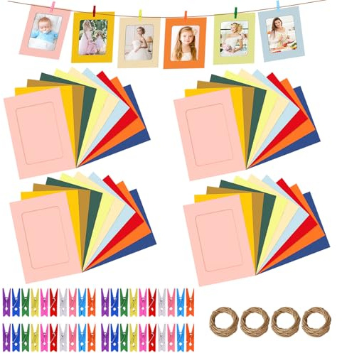 LHOEST Bunt Bilderrahmen 10x15 Vintage Set 40 Stück Fotorahmen Klein Bilderrahmen Papier 10x15 Fotogirlande mit Klammern Fotokette Fotoleine mit Holzklammern Fotowand Mini bilderrahmen zum Aufhängen