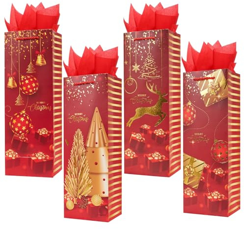 12 Pack Red Christmas Wine Gift Bags with Tissue Paper,13.7 Thick Paper XMAS Bottle Bags Bulk for Gift Present (Red & Gold)