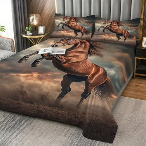 Horse Sheets Full Size - Western Animal Bed Sheet Set - Deep Pocket Soft Microfiber Bedding Set 4 Piece - Fitted Flat Sheet Pillowcases - Horse Bedroom Decor & Gifts