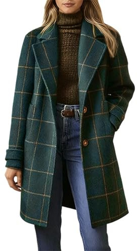 Generisch Women's Flannel Checked Jacket Oversize Long Sleeve Lapel Button Down Checked Shirt Cotton Long Shirt Jacket Coat Warm Trench Coat Winter Coat with Button Cuddly Jacket, dark green, XL