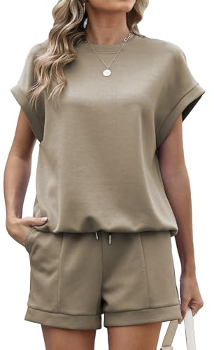 Famulily Women Lightweight Shorts Tracksuit Set Crew Neck Summer Co Ord Sets Soft 2 Piece Outfits with Pockets Coffee XL