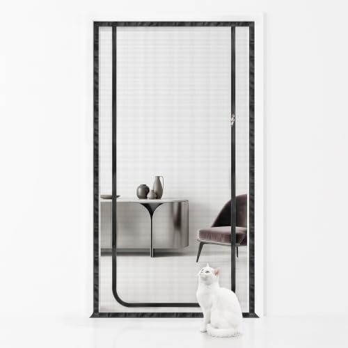 Kattgaller balkongdörr, 90 x 200 cm insektsnät utan borrning med dragkedja dörrgaller katt nätdörr skärm, kattnät kattskydd reptålig hund katt nätdörr för dörrar balkong, svart