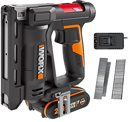 WORX Chiodatrice a batteria 18 V (max 20 V) WX843, PowerShare, 2 in 1, facile regolazione della profondità, 500 chiodi da 15 mm 0,82 mm (calibro 18), 500 punti punti metallici da 10 mm di tipo 53
