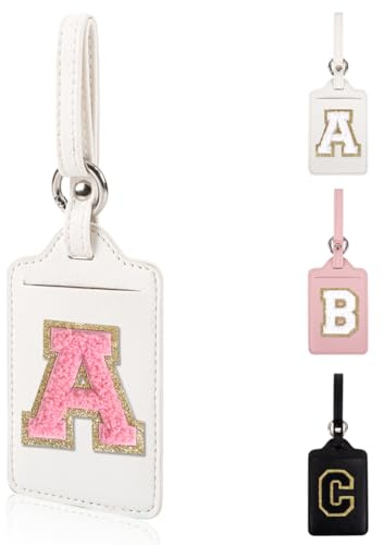 Personalized Initial Luggage Tags for Suitcases, Leather Chenille Letter Cute Luggage Tags with Privacy Name Card, Embroidered Travel Bag Backpack Tag Gifts for Women Kids Girls Teens(White-A)