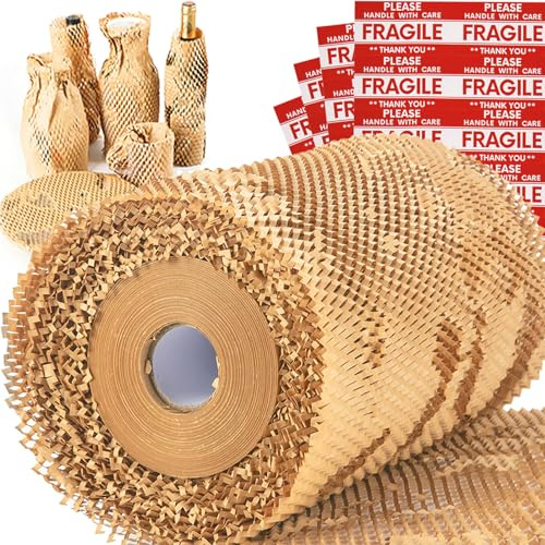NAPALOOK Honeycomb Packing Paper Wrap 15''x12000 (1000 ft), Substitute Alternative for Bubble Cushioning Wrap for Moving Shipping Packaging, Recyclable Moving Supplies with 48 Fragile Sticker Labels