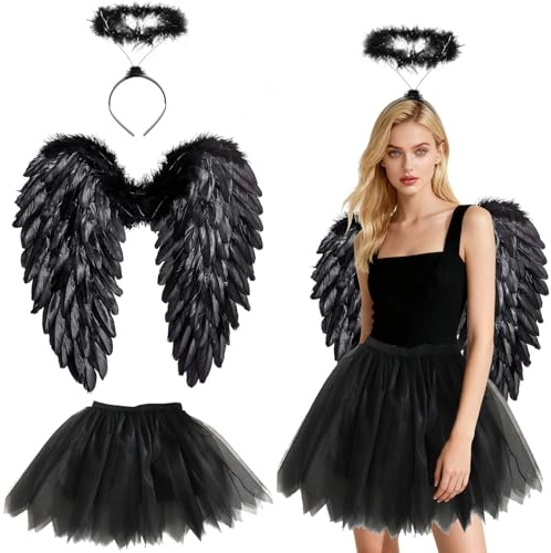Costume da angelo nero, 3 pezzi, da donna, 60 cm, con ali di angelo, 70 – 110 cm, gonna in tulle da donna, ali d'angelo, adulti, tutu, ali d'angelo per bambini