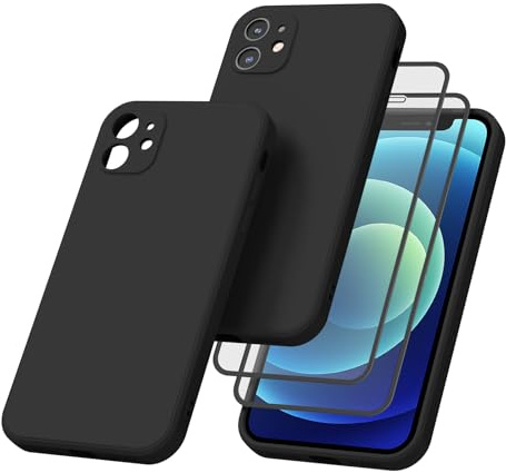 Yisica Funda para iPhone 12 con 2 Piezas Cristal Templado Película Protectora de Pantalla, Funda de Silicona con Forro de Microfibra Suave, Diseño Especial de Borde Recto