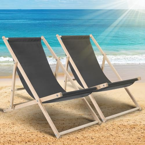 Ollewiellan Set med 2 solstolar fällbara trä, strandstol, upp till 120 kg, slitstark fäll-, solstol, trädgård, strand, camping och resesällskap, (mörkgrå)