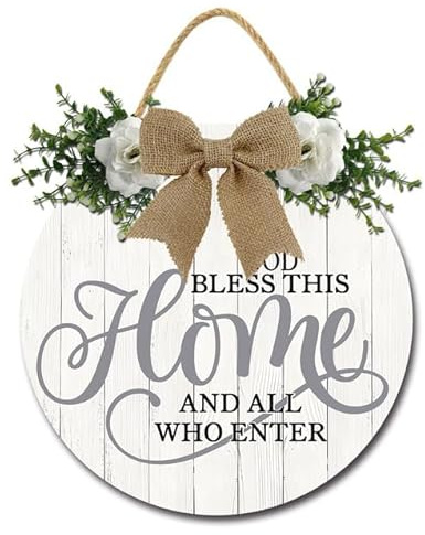 Geroclonup Cartello di benvenuto per porta d'ingresso God Bless This Home and All Who Enter Sign con ghirlande, 30 cm, rotondo, in legno, decorazione da appendere alla parete, per la casa e il portico