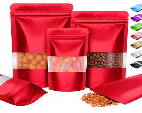 Plaphy 100 Sacchetti in Alluminio Stand Up con Finestra e Zip,Rosso,14x20cm