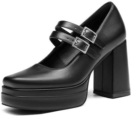 Coutgo Women's Platform Mary Jane Pumps Two Strap Square Toe Chunky Block Heel Sandals Party Shoes Cool Black
