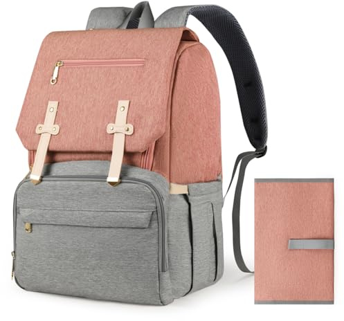 Outplea Wickeltasche Rucksack, Großer Lässig Wickelrucksack mit Wickelunterlage und Isolierten Fächern, Wasserdicht Babytasche Multifunktional Kliniktasche Geburt für Mama, Rosa-Grau