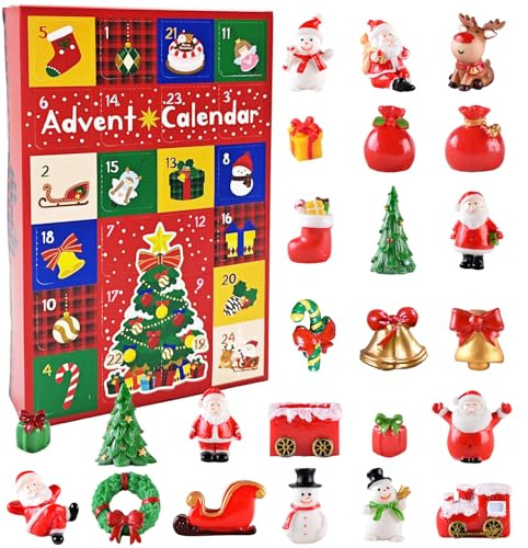 Advent Calendar 2025, 24 Days Christmas Countdown with 24PCS Christmas Ornaments Mini Xmas Figurines Resin Ornaments Blind Box Toy Desktop Decoration Xmas Party Gift