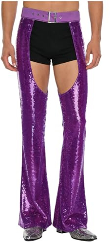 Oyolan Retro Disco Mens Glittery Sequin Bell Bottom Pants Bottomless Jodhpurs Party Costume Trousers Purple XX-Large