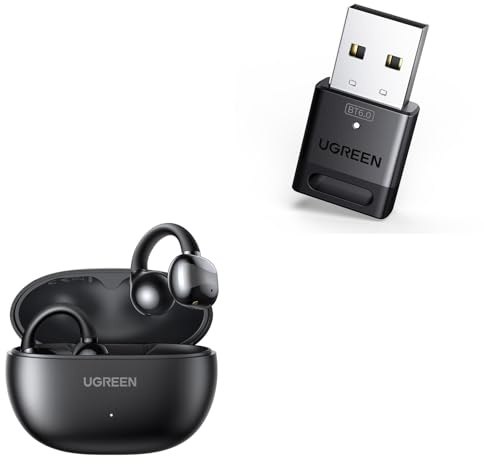 UGREEN USB Bluetooth 6.0 Adaptador para PC y HiTune S3 Auriculares Inalámbricos Bluetooth 5.4, Audifonos Deportivos Abiertos con Clip y Cancelación de Ruido ENC