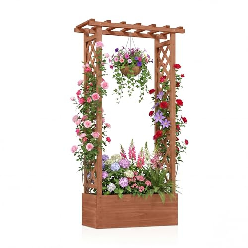 HOMASIS Jardinière avec 2 Treillis & Étagère de Toit, Parterre Surélevé avec Treillis, Bac à Fleurs en Bois pour Plantes grimpantes, Support de Plantes Jardin (Brun,78x36x152cm)