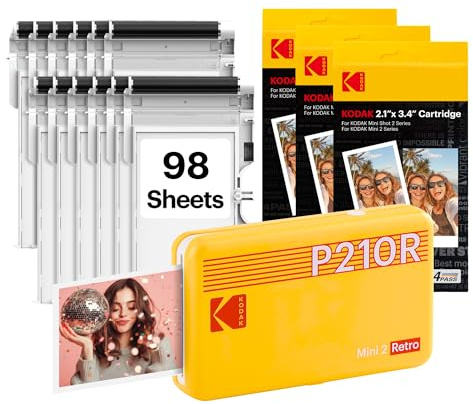KODAK Mini 2 Retro Stampante Fotografica Portatile 5,3 x 8,6 cm, 98 Fogli, Stampante Bluetooth per Smartphone iPhone & Android, Stampa a Colori Istantanea, Sublimazione 4PASS