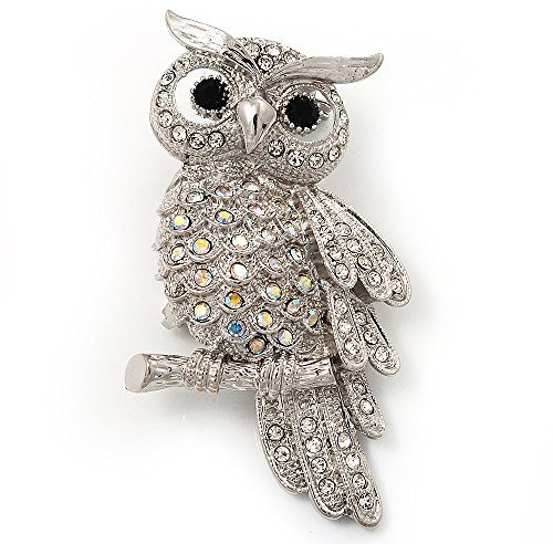 Broche chouette en cristal AB étincelant (métal argenté) – 50 mm L, taille unique, Pas de type de métal, diamante