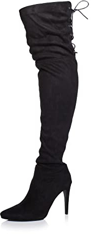 Ajvani Womens Ladies high Heel Pointed Over The Knee Stretch Riding Boots, 3 UK, Black Suede Lace Up
