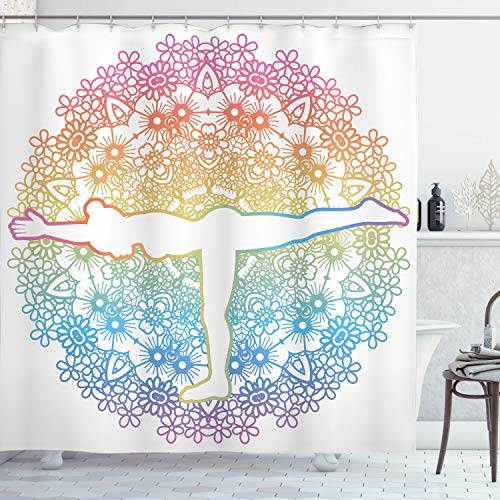 ABAKUHAUS Yoga Duschvorhang, Frau in Balance Mandala, Stoffliches Gewebe Badezimmerdekorationsset mit Haken, 175 x 200 cm, Weiss Mehrfarbig
