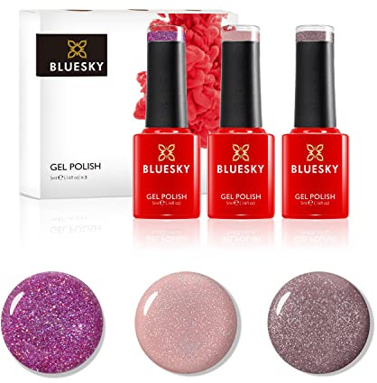 Bluesky Gel Nail Polish Set, 10 Year Anniversary Collection, Set 2, 3 x 5 ml, Pink, Mauve, Nude, Pastel, Fine Glitter (Requires Curing Under UV or LED Lamp)