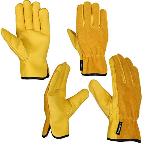 SAWANS Work Gardening Gloves for Men Women 2 Pairs Leather Gloves Heavy Duty Construction Breathable and Flexible Safety Thorn Proof Gripper Mechanic Welding Gloves (XL)