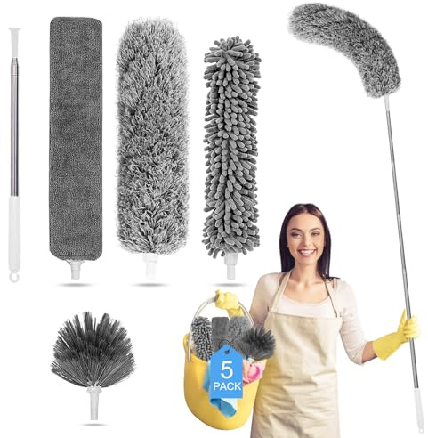 Tiumso Microfiber Feather Duster 5-in-1 Kit, Dusters for Cleaning, Duster with Extension Pole 100 Inches, Cobweb Duster, Microfiber Dusters for High Ceilings and Fans, Blinds, Cars and Furniture
