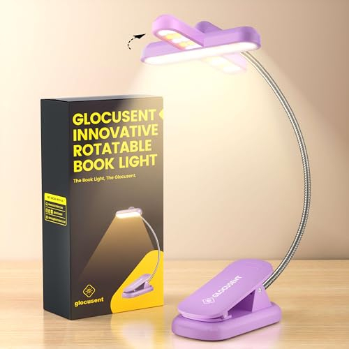 Glocusent Rotatable Reading Light for Books in Bed, 22LEDs Dual-Row Design with Timer, Stepless Dimming & Color Adjustment, 1000mAh Rechargeable Book Light for up to 100hrs