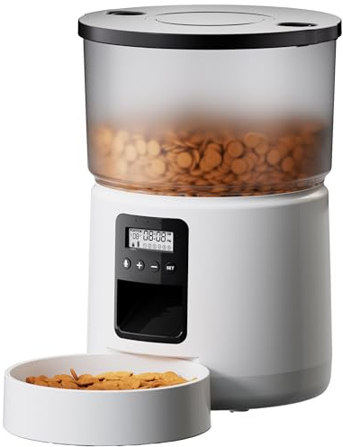 BEMOONY Comedero Gato Automatico, Dispensador Comida Gatos con Temporizador Programable, 1-6 Comidas al DíA, Comedero Automatico Gato con Presione la Tapa y FuncióN de GrabacióN de 10s, 3L(Blanco)