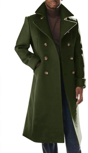 Runcati Mens Trench Coat Notch Lapel Slim Fit Double Breasted Long Pea Coat Winter Warm Overcoat, Army Green, M
