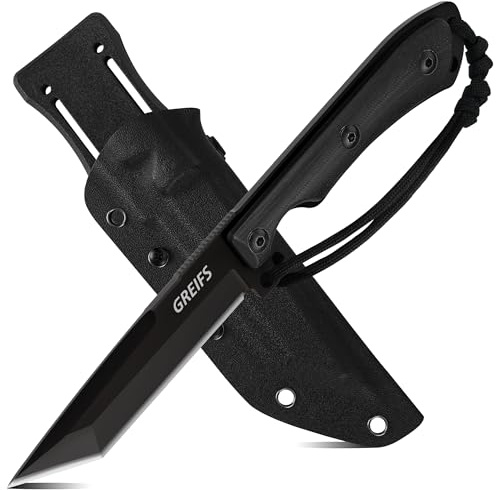 GREIFS® Outdoor-Messer Apex Tanto aus D2 Stahl mit Kydex Holster, edles Survival Messer für die Bushcraft Ausrüstung, Jagdmesser, Schnitzmesser, Fahrtenmesser (schwarz)