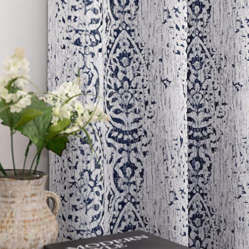 Mrs.Naturall Set of 2 Curtains 90 Inches Long, Bohemian Floral Damask Print, 50% Blackout, for Living Room, Bedroom, 90 Inches Long, Navy Blue