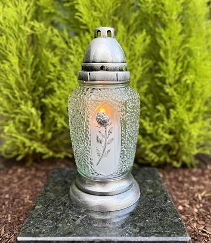 Lot de 2 lampes funéraires avec motif floral - Lanterne funéraire - 24 cm de hauteur - Décoration funéraire avec 2 bougies