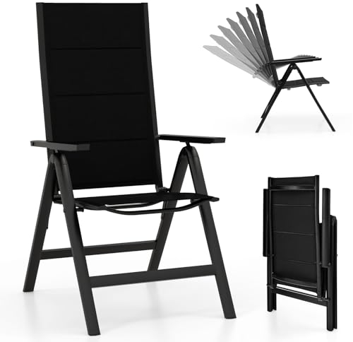 COSTWAY Gartenstuhl Alu, wetterfester Klappstuhl mit 7-Fach Verstellbarer Rückenlehne, klappbarer gepolsterter Balkonstuhl, Hochlehner Terrassenstuhl für Garten, Terrasse, Balkon, Schwarz