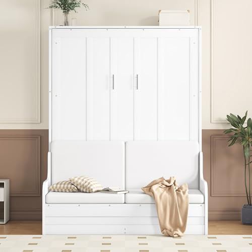Merax Queen Size Murphy Bed, Wooden Queen Murphy Bed Wall Bed with Sofa and Cushion, for Home Office or Small Room, White